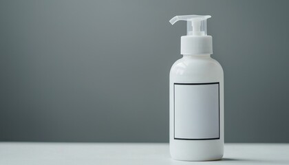 A sleek, minimalist white pump bottle sits on a light surface against a muted gray background, ideal for personal care products or branding.