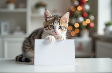 white card for text held by a tabby kitten sitting on a white table. In the background is a bright room decorated for the New Year with a Christmas tree