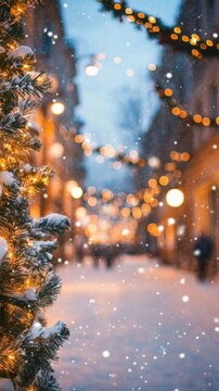 Blurred background of snowy Christmas landscape, city decorated with garlands.Decorated street Christmas eve festive time unfocused abstraction concept with bokeh lights on Christmas tree and walls.
