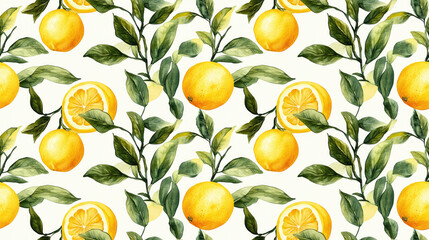 Lively seamless pattern of hand painted watercolor illustrations featuring ripe lemon branches with vibrant green leaves on a white background