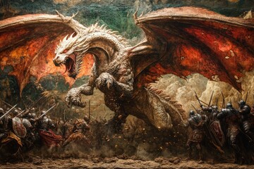 Furious dragon attacking soldiers during medieval battle