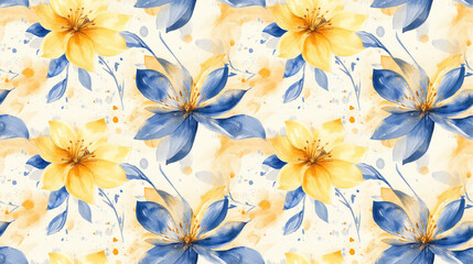 Obraz premium Watercolor beige pattern featuring yellow and blue flowers with playful doodle elements ideal for fabric and wrapping paper design