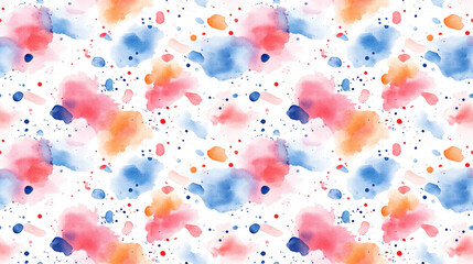 Seamless watercolor pattern of vibrant blotches splashes and drops creating a dynamic trail on a clean white background