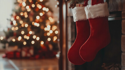Christmas stockings hang by the warm fireplace in a festive setting, evoking a sense of warmth, tradition, and joy during this beloved holiday season.