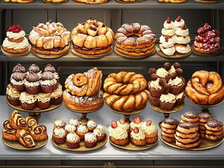 A delightful assortment of pastries displayed on trays, including cakes, croissants, and tarts, with various toppings and fillings.