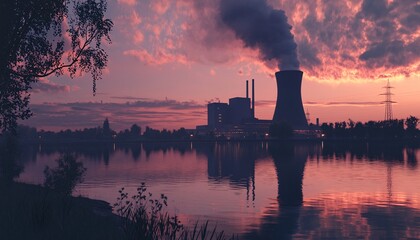A dramatic sunset over a lake, reflecting smokestacks and power lines, showcasing industrial impact on nature and a looming environment.