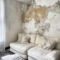 Rustic Living Room with Peeling Wall and Cozy Sofa