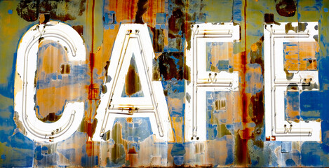 Old Vintage Cafe Sign with Blue Sky Worn Americana Amazing Colors and Texture