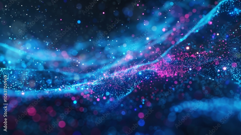 Poster abstract digital wave particles flowing in cyberspace with bokeh and depth of field effects, creatin