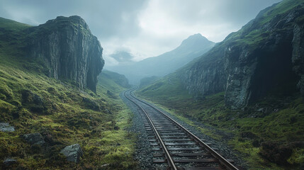 Fototapeta premium serene landscape featuring winding railway track surrounded by lush green hills and rocky cliffs under misty sky. atmosphere evokes sense of adventure and tranquility