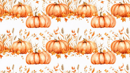 Seamless watercolor pattern featuring two pumpkins surrounded by spikelets and autumn leaves perfect for seasonal decor and design projects