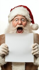 Naklejka premium Santa Claus shows surprise while holding a blank sheet of paper against a cheerful yellow background