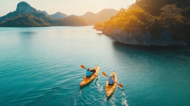 A retired couple paddling a kayak at Angthong Marine Park in Thailand, symbolizing active elderly lifestyles. 