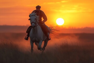 Horseman riding white horse in field at sunset