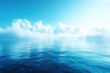 Tranquil Ocean Serenity: A breathtaking view of a calm ocean under a vibrant blue sky, dotted with fluffy white clouds. The serene atmosphere evokes peace and tranquility. 