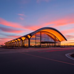 Fototapeta premium Modern airport terminal illuminated at sunset with vibrant sky colors.