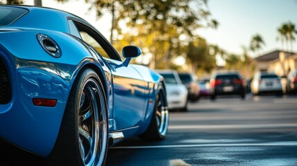 A shiny blue car parked in a parking lot, showcasing its sleek paint job. 