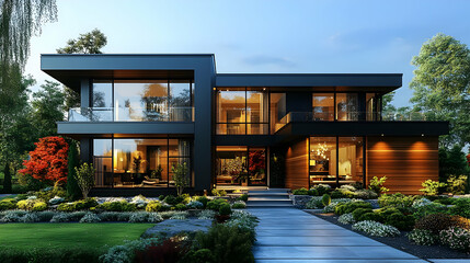 Modern House Exterior Design with Black and Wood Accents - 3D Illustration