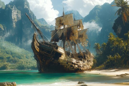 Abandoned pirate ship sailing on a tropical island beach during sunset - Powered by Adobe