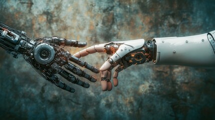 Fototapeta premium A vertical composition of a human and a robotic arm, both grasping the same gear, symbolizing the merging of technology and humanity.