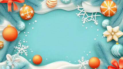A blue and white Christmas frame adorned with orange baubles and snowflakes, evoking a wintry charm and cheerful holiday spirit with ribbons and ornaments.