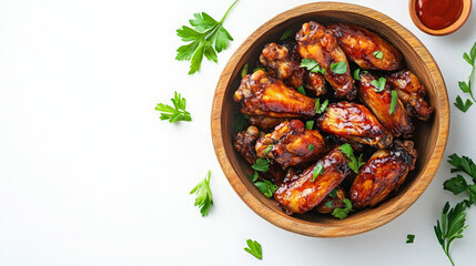 A bowl of glazed chicken wings garnished with parsley, accompanied by a small dish of sauce.
