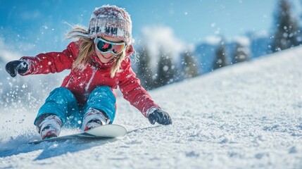 A young girl snowboards down a snowy mountain, capturing the excitement of winter sports and outdoor adventure. 