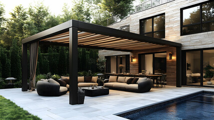 Modern Backyard Patio with Pergola and Pool - 3D Illustration