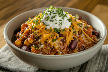 Bowl of Hearty Chili Topped with Sour Cream and Shredded Cheese, Comfort Food Favorite