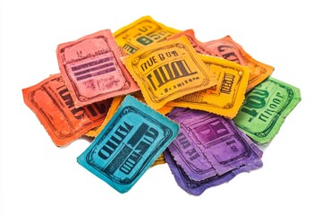 Colorful assortment of game tokens piled together. Each token represents a different value or game opportunity. Perfect for board games and fun activities. Generative AI