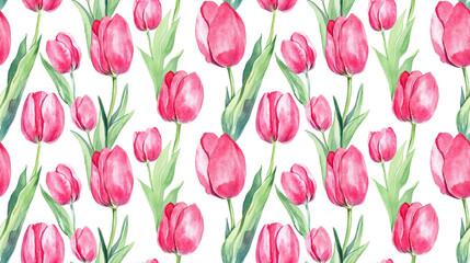 Obraz premium Watercolor floral pattern featuring bright pink tulips ideal for wedding invitations greeting cards and Mother s Day gifts
