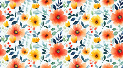 Seamless watercolor pattern featuring vibrant floral designs on a crisp white background for decorative use