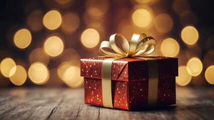 Christmas gift box against Bokeh of light background 