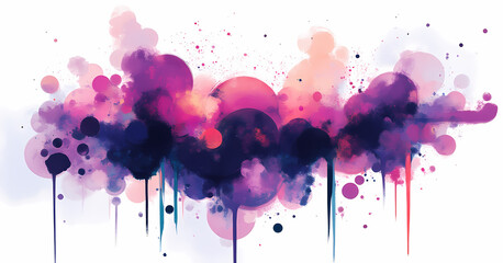 A captivating abstract composition of overlapping circles and splatters in shades of pink, purple, and orange, with dripping effects on a white background.