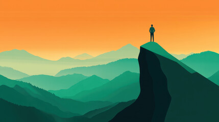 person stands on mountain peak, overlooking vast landscape of rolling hills and distant mountains under vibrant orange sky. scene evokes sense of adventure and tranquility