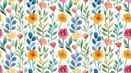 Seamless watercolor pattern featuring delicate flowers and leaves perfect for fabric and textile design wrapping paper
