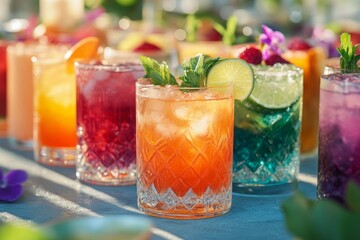 Colorful cocktails refreshing summer drinks with fruits and herbs