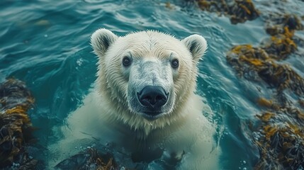 Fototapeta premium polar bear captured in a protected arctic environment showcasing its natural habitat with icy landscapes emphasizing wildlife conservation and the beauty of the arctic