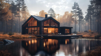 Fototapeta premium Modern Cabin in Autumn Forest Illustration