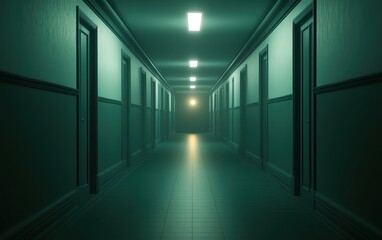 A dimly lit corridor with doors leading to unknown rooms.