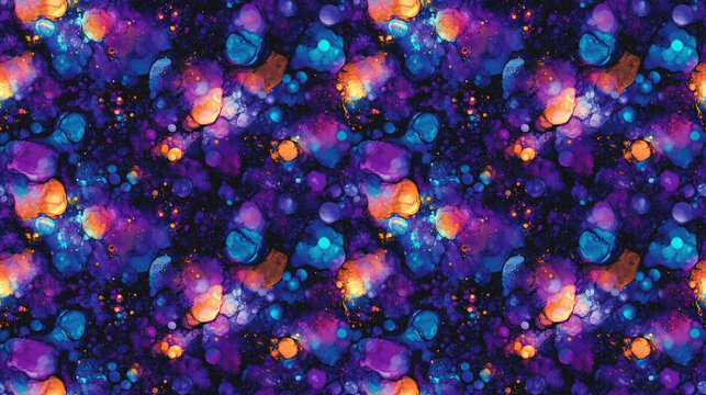 Seamless pattern of vibrant galaxy inspired alcohol ink designs perfect for creating unique art prints and summer themed events abstract colorful backgrounds