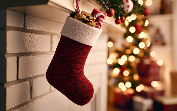 A red stocking sits on a mantle next to a Christmas tree