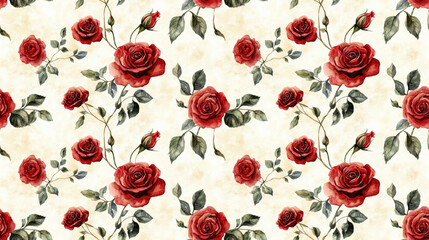 Naklejka premium Seamless watercolor pattern featuring vibrant roses on a soft background ideal for fabric design and home decor