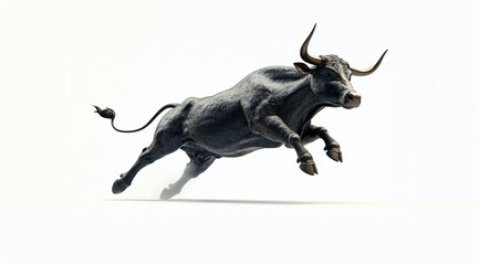 Fototapeta premium Black Bull Charging Running Jumping White Background Isolated