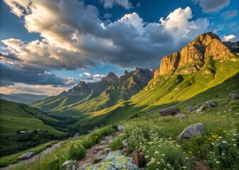 Fototapeta premium Lush Green Mountains Rise Dramatically Above the Valley Floor Under Clear Blue Skies in Nature's Beauty