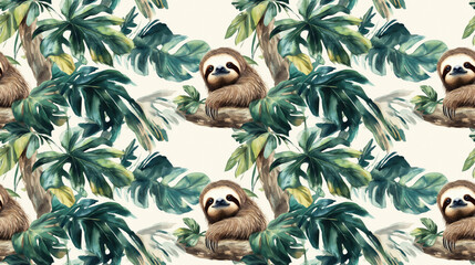 Obraz premium Seamless tropical watercolor pattern featuring a sloth hanging on a tree surrounded by lush leaves ideal for textile design or printed materials