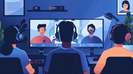 A remote corporate team participating in virtual team-building activities, online games, and collaborative challenges, fostering stronger bonds despite physical distance