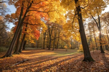 Fototapeta premium Majestic Autumn Trees in a Peaceful Forest Surrounded by Colorful Foliage and Soft Sunlight