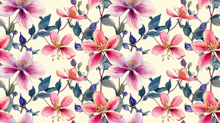 Botanical flower seamless pattern with watercolor elements for textile design and digital applications