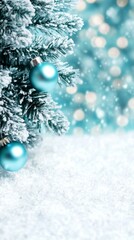 Fototapeta premium A festive scene featuring a snow-covered Christmas tree with blue ornaments.